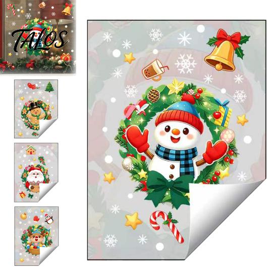 Gingerbread Man Decals Christmas Static Window Sticker, Wreath Pattern Print PVC Removable Decal, Decorative Film Waterproof Glass Cling for