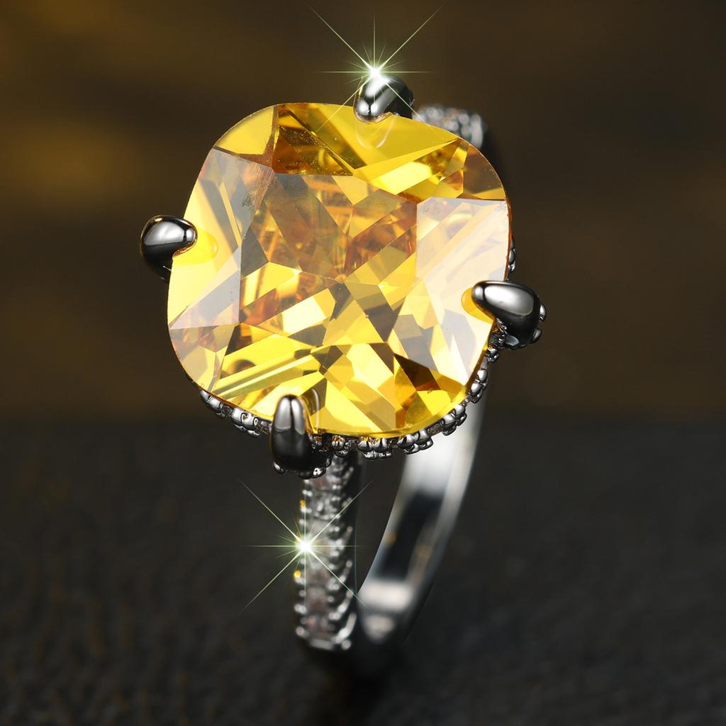 Small Charm Female Yellow Trendy Zircon Stone Square Ring Vintage Silver Color Wedding Jewelry for Women