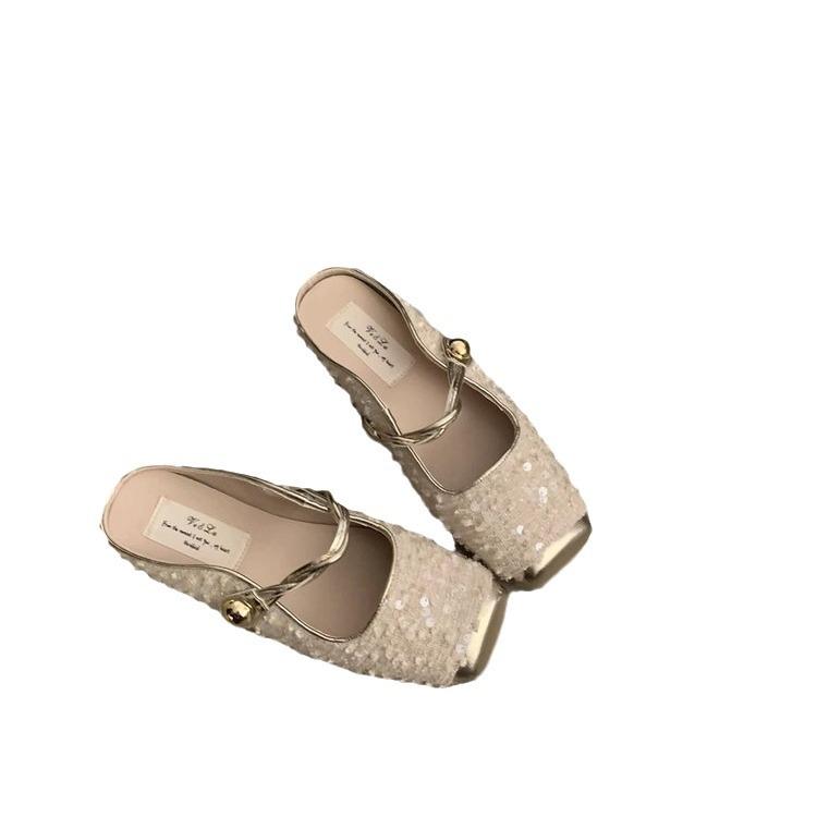 French sequined silver bag head half slippers women's 2025 spring and summer Xiaoxiangfeng Korean version temperament Mary Jane single shoes women's