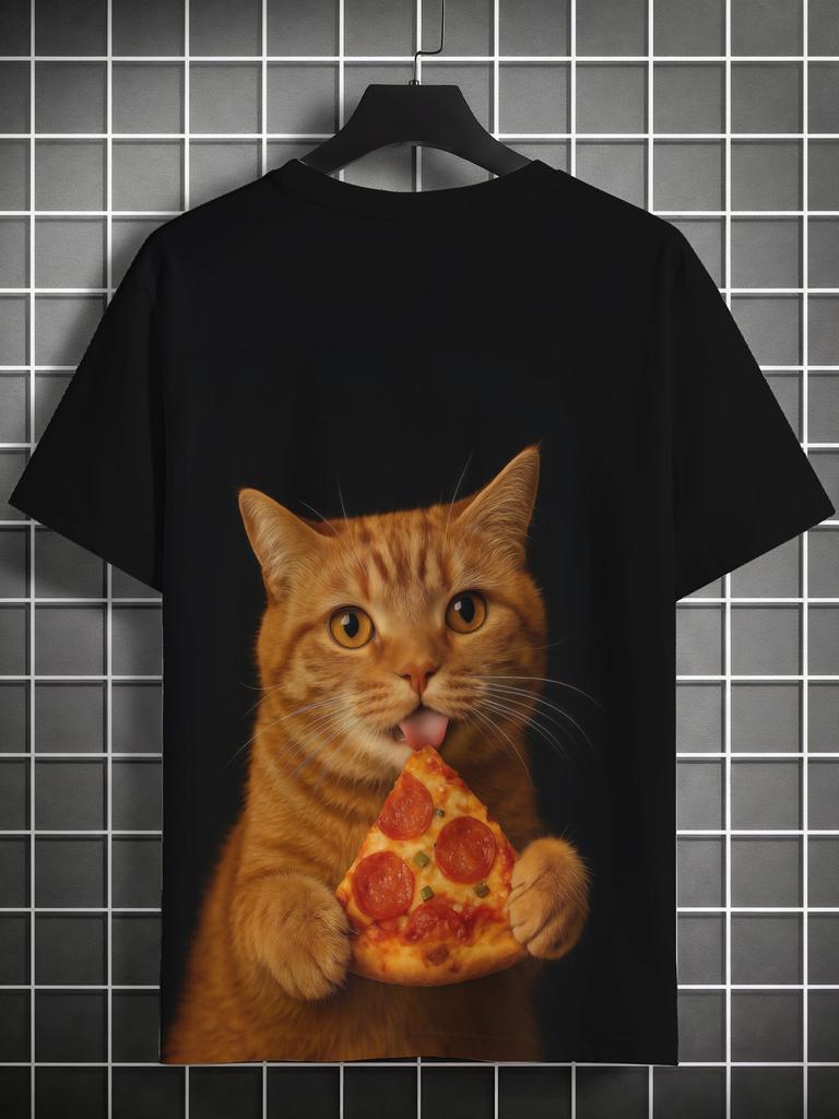 3D Summer New Pizza Orange Cat Short-Sleeved Digital Print Design T-Shirt Elements Trendy Men'S Casual Fashion Top