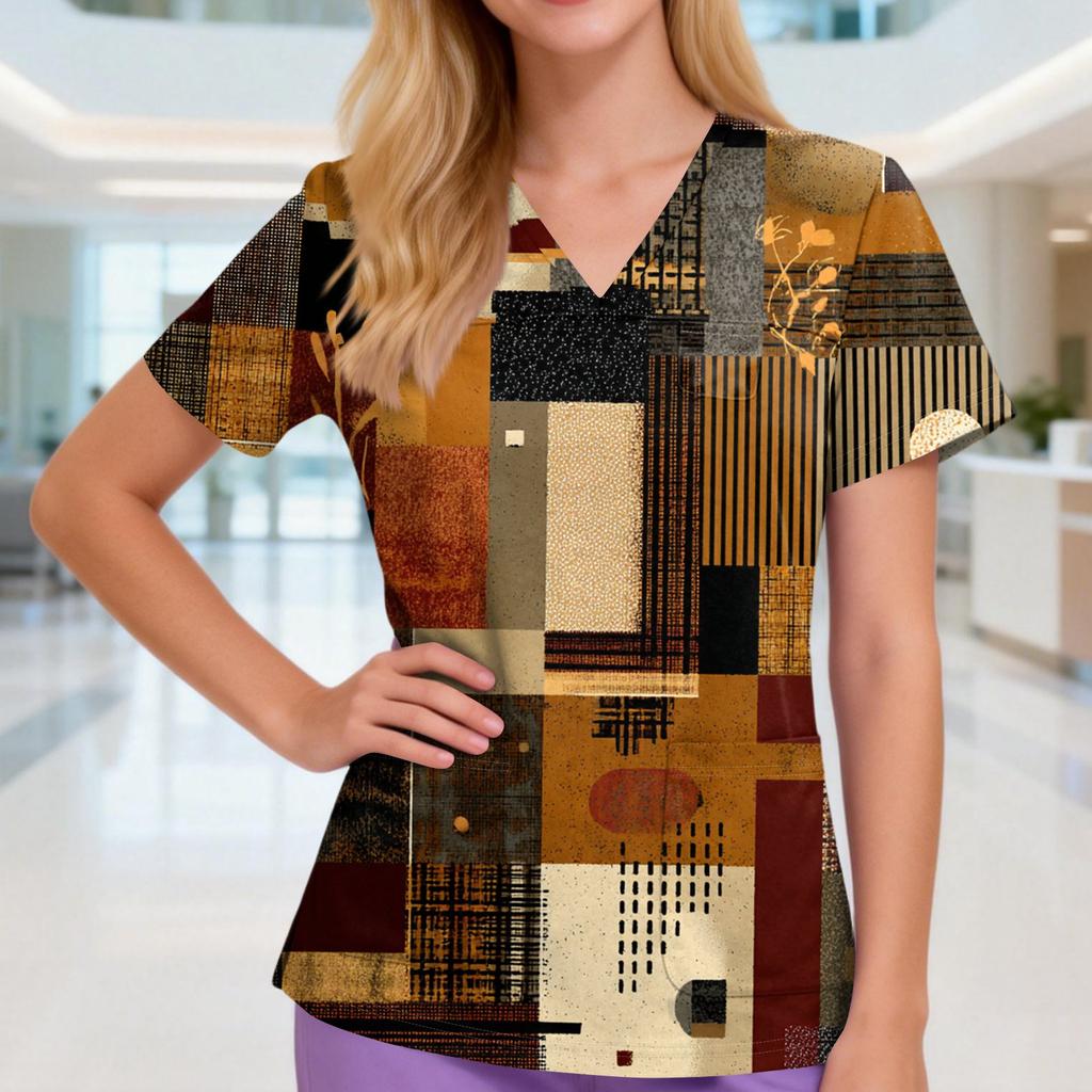 Damen V-Ausschnitt Drei-Taschen Kurzarm Retro-Print Uniform/Pflegekraft Oberteil Mit Schlitzen Am Saum