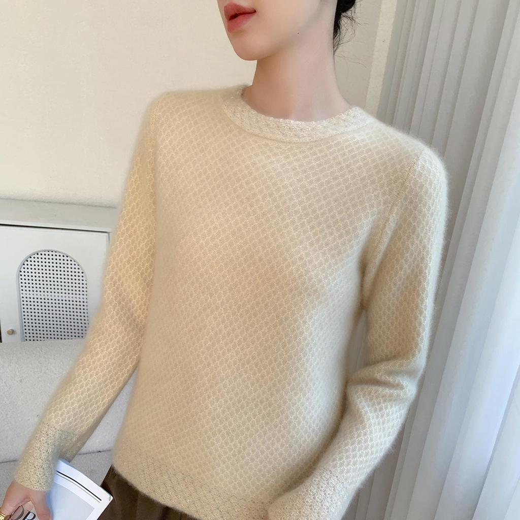 2025 Autumn/Winter Women's Thick Seven-Gauge Hollow-Out Semi-High Neck Cashmere Sweater Base Layer