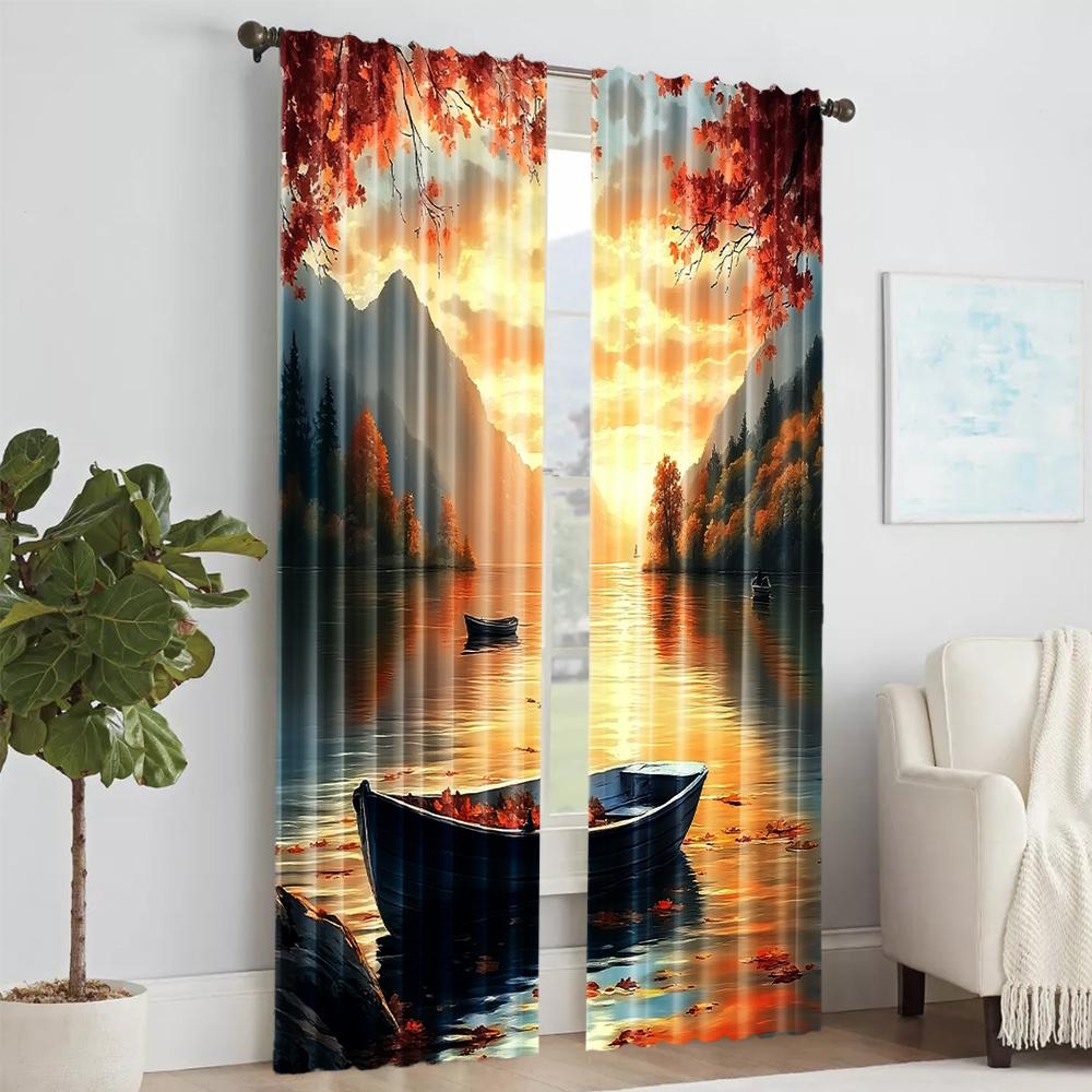2 Stück vielseitige transparente Polyester-Vorhänge für die Heimdekoration Lakeside Sunset zur Verwendung in Schlafzimmern und Wohnzimmern
