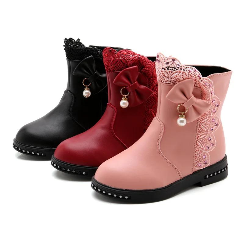 Children Boots for Girls Autumn Winter Warm Cotton Lace Bow-knot Pearls Pendant Princess Sweet Rubber Boots Snow Boots 27-37
