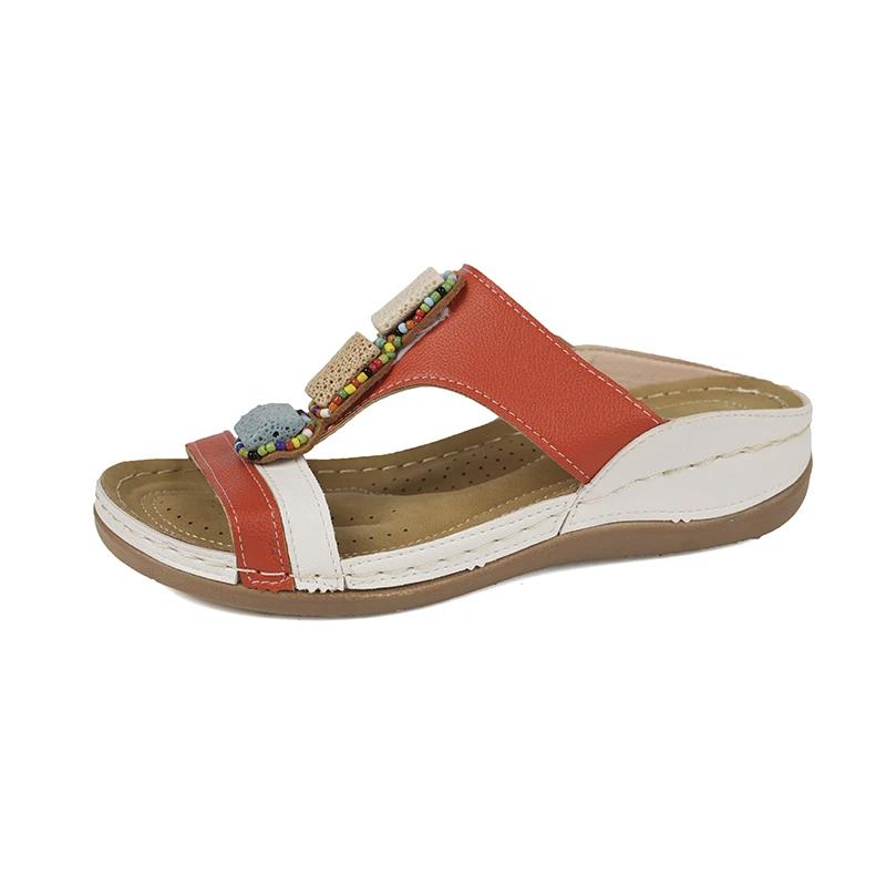 2025 Summer Open Toe Women’s Plus Size Slippers String Bead Round Toe Mixed Colors Wedges Sandals for New Daily Casual Slippers
