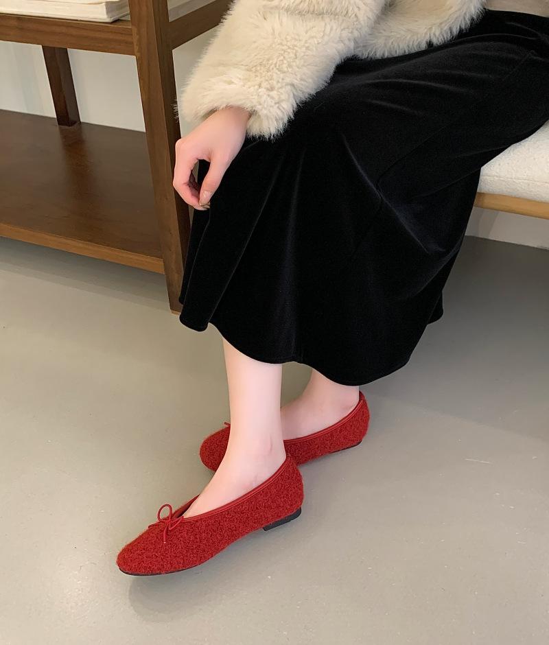 Flat bottom square head bow woolen single shoes women's 2025 autumn and winter new cotton shoes plush grandma shoes Korean version of woolen shoes