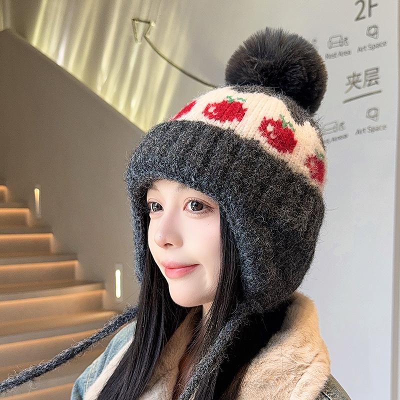 Autumn and Winter New Fair Isle Style Hat for Women Wool Ball Ear Protection Woolen Hat  Small Face  Warm Knitted Cold Hat  Trendy