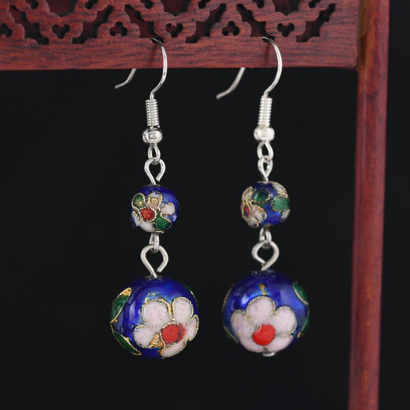 

Cloisonne Chinese retro round bead earrings handmade silk enamel earrings women s simple cheongsam earrings 14mm