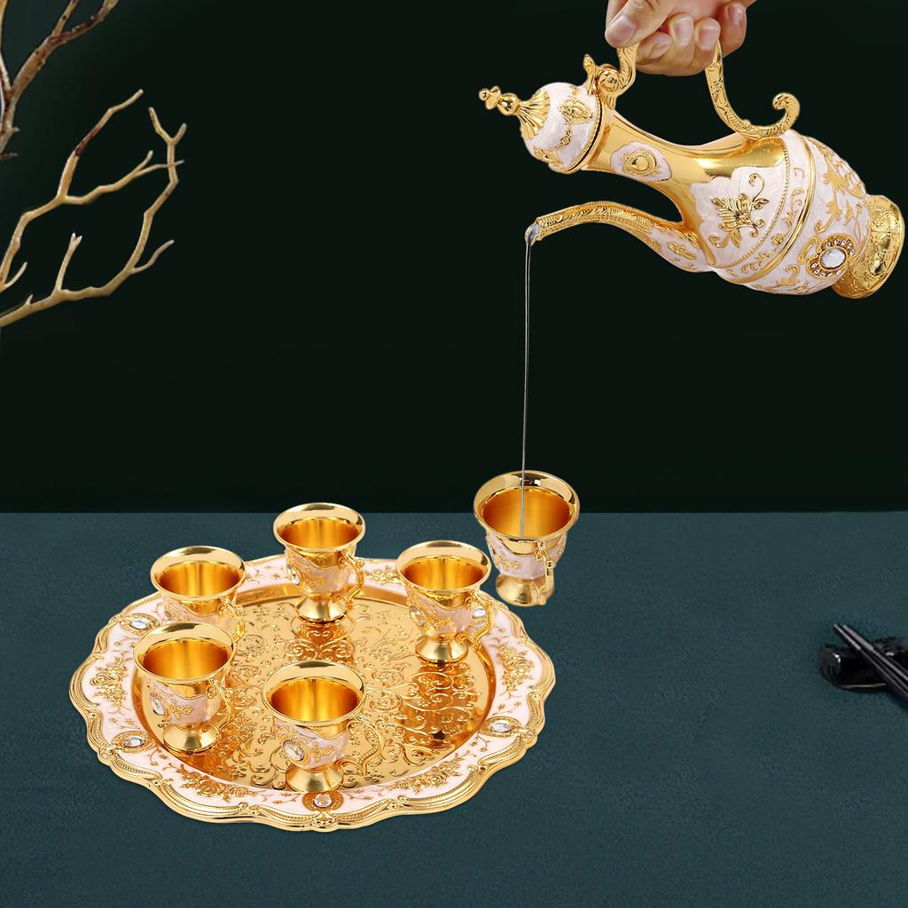 Vintage Turkish Tea & Coffee Set - 6 Gold & White Cups with Tray, Zinc Alloy Antique Decor, Tableware for Home, Gift, Wedding