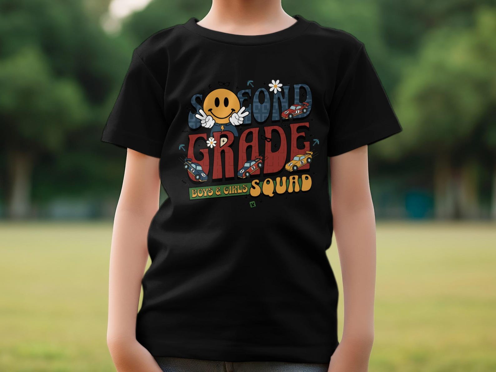 Groovy Second Grade Squad T-Shirt, Retro Race Car Happy Face Tee M