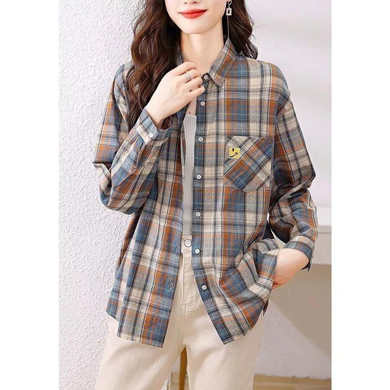 Primavera Autunno Polo a collo alto Stampa a quadri vintage Camicia di cotone da donna a maniche lunghe casual alla moda Blusa da donna versatile Cardigan