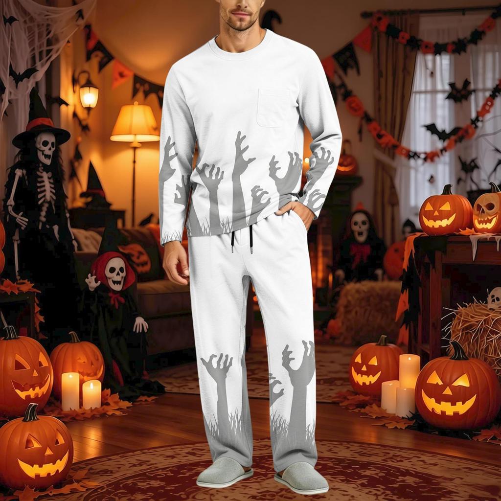 Men's Halloween Pajama Set Long Sleeve with Buttoned Crotch and Elastic Drawstring Waist Sleepwear