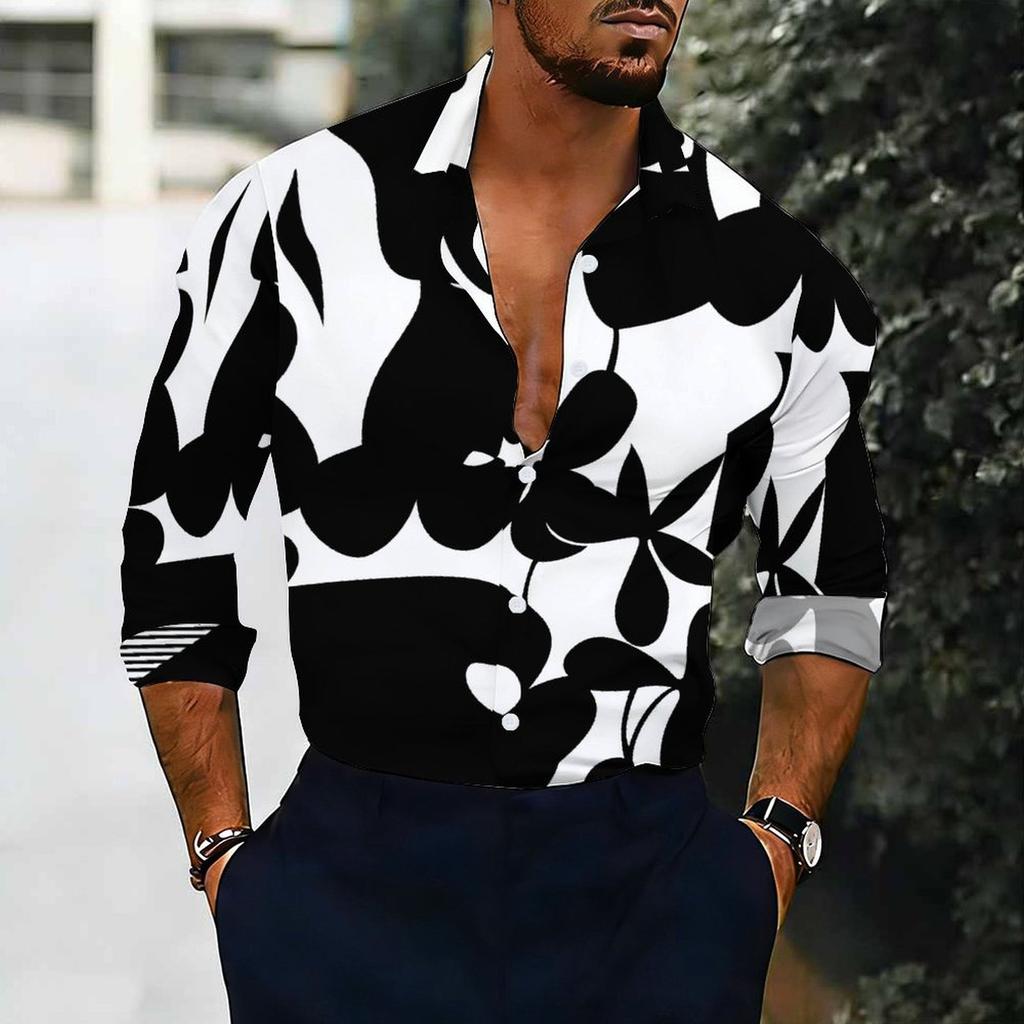 Camisa de Hombre con Cuello Estampado Floral Azul Blanco Diminuto por Todas Partes Manga Larga Botones