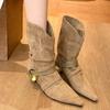 2025 Fall/Winter New Metal Buckle Booties Fashion Pointed Toe Non-slip Wear-resistant Mid-tube Boots