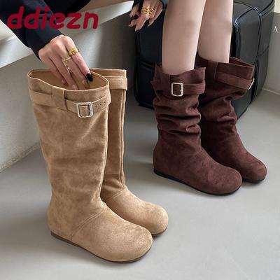 Fashion Fashion Round Toe Women Mid-Calf Boots With Height Increasing Shoes Pleated Ladies Short Boots Female Slip On Shoes