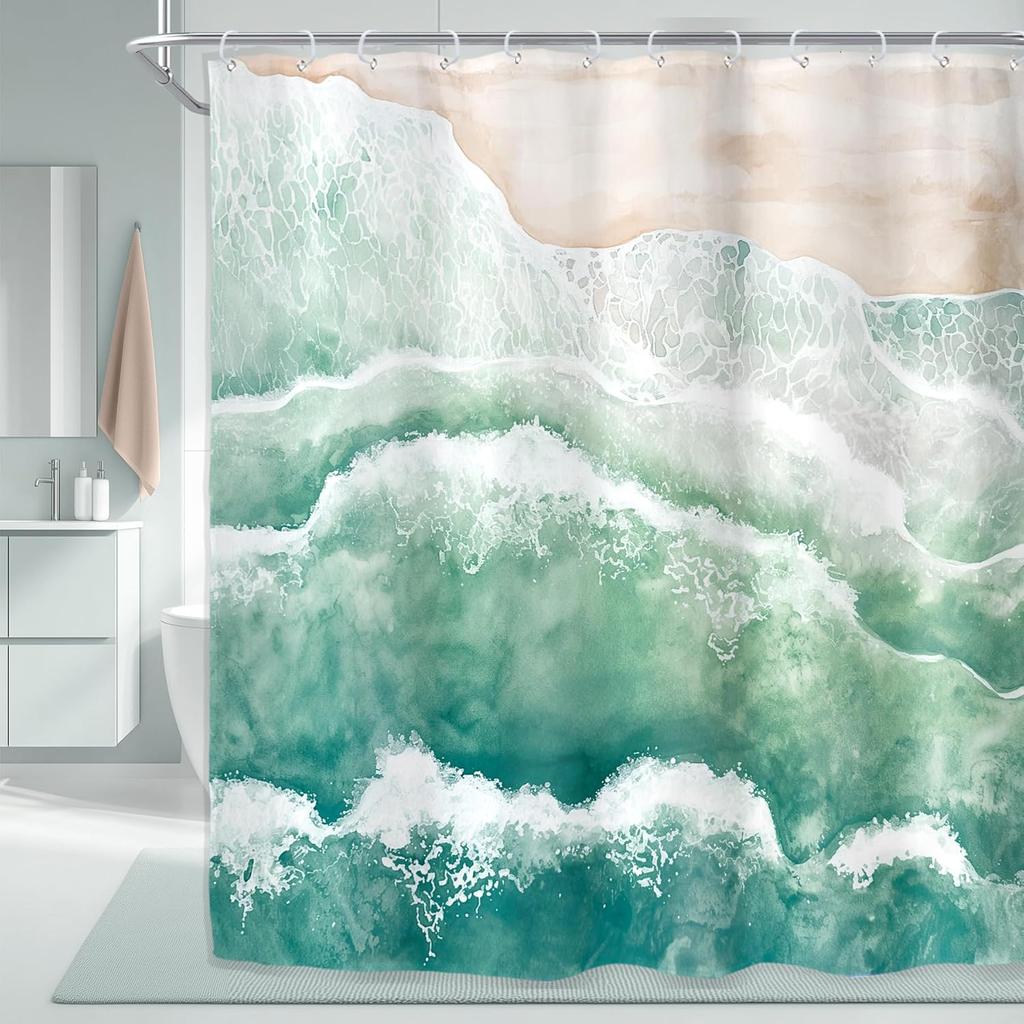 Beach Ocean Wave Shower Curtain, Blue Coastal Nautical Design, Minimalist Waterproof Polyester Art Print