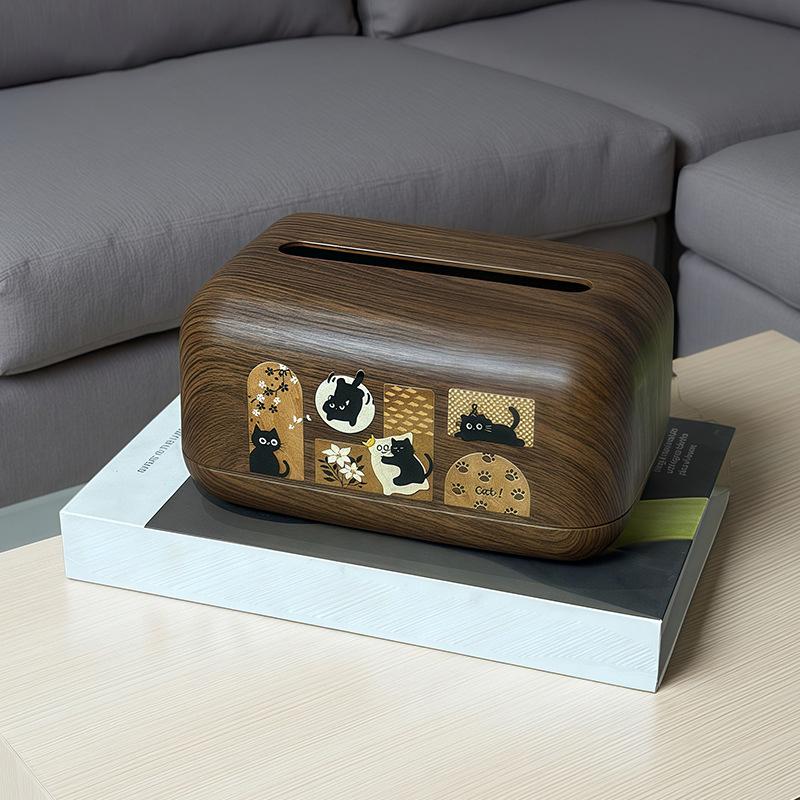 Vintage Simple Walnut Color Tissue Box Household Cat Wood Living Room Storage Carton Wooden Tissue Storage Box