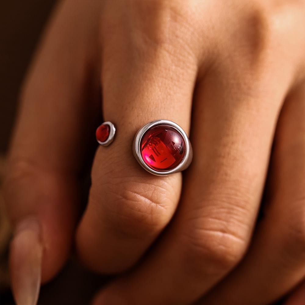 Garnet Red Stainless Steel Rings For Women Garnet Gold Plated Waterproof Round Ring Charm Luxury Jewelry Gift