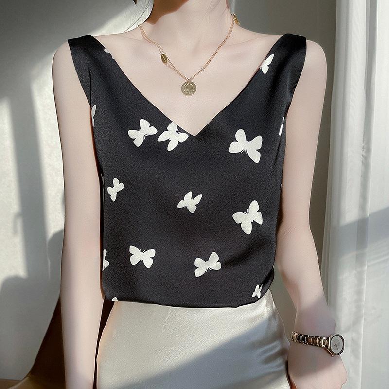 

Printed Satin Short-sleeved Suspender Vest In Summer New V-neck Loose Inner Suit Top S