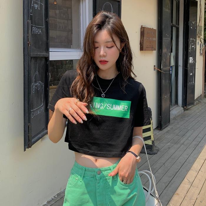 

Pure cotton, summer new loose casual contrasting color letter printing short Spice Girl short-sleeved T-shirt women s trend XL чорний