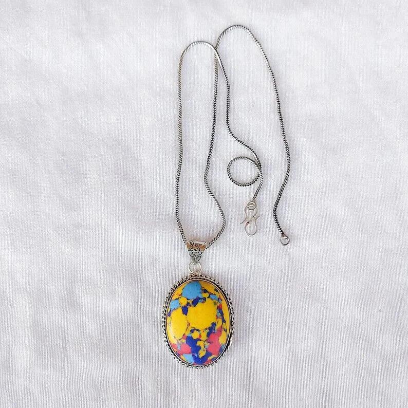 Ciondolo in Diaspro Mosaico, Ciondolo in Argento 925, Ciondolo in Diaspro Multicolor