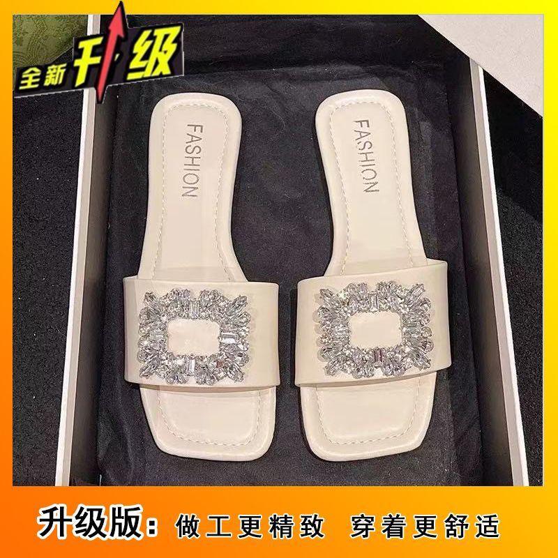 Delicate square buckle rhinestone flat bottom cool slippers beautiful one-word drag 2025 new summer wear premium slippers women