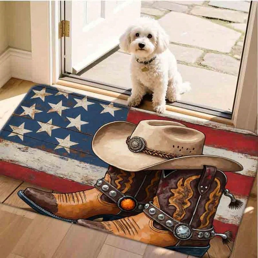 1pc Flannel Floor MatVintage Western Cowboy Boots And Hat Rustic American Flag Pattern Area Rug Retro Country Style Floor MatNon-Slip, Machine Washabl