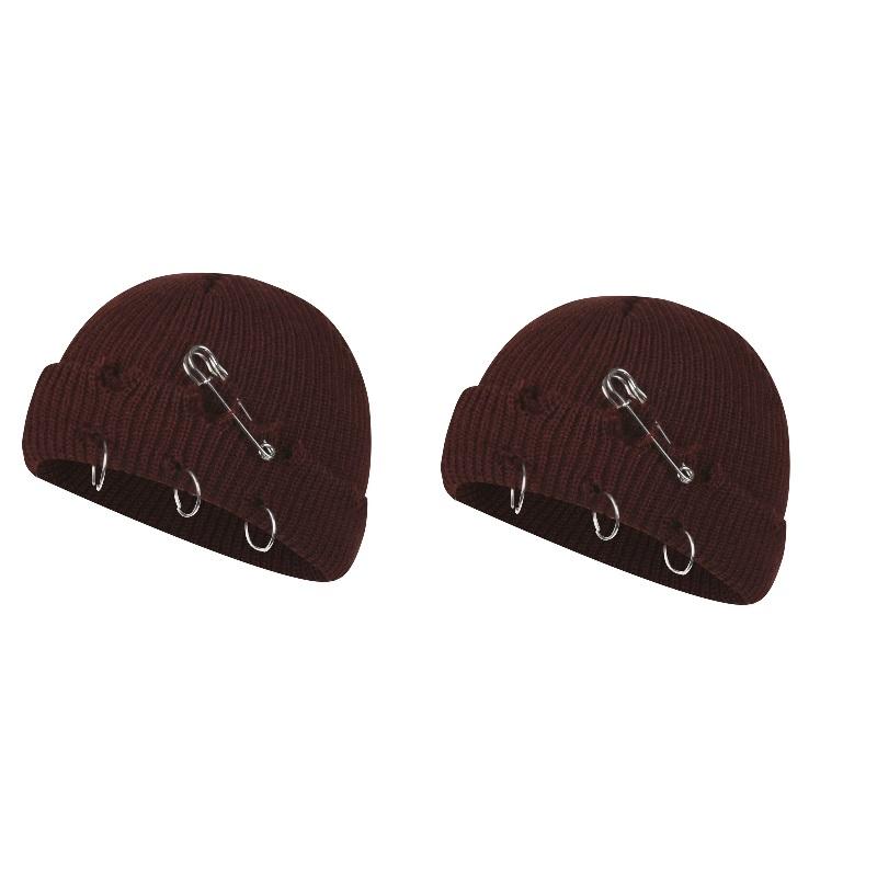 Women Girls Y2k Gothic Beanie Winter Knit Hats Trendy Metal Rings Pin Hip Hop Streetwear Harajuku Skull Cap Emo Scene Grunge