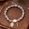 Boho Style Handmade Baroque Pearl Bracelet Ceramic Beads Blue White Porcelain Cross Jewelry for Party Accessory