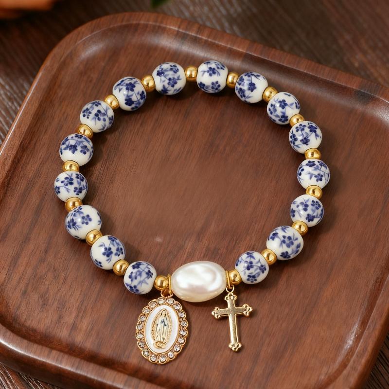 Boho Style Handmade Baroque Pearl Bracelet Ceramic Beads Blue White Porcelain Cross Jewelry for Party Accessory
