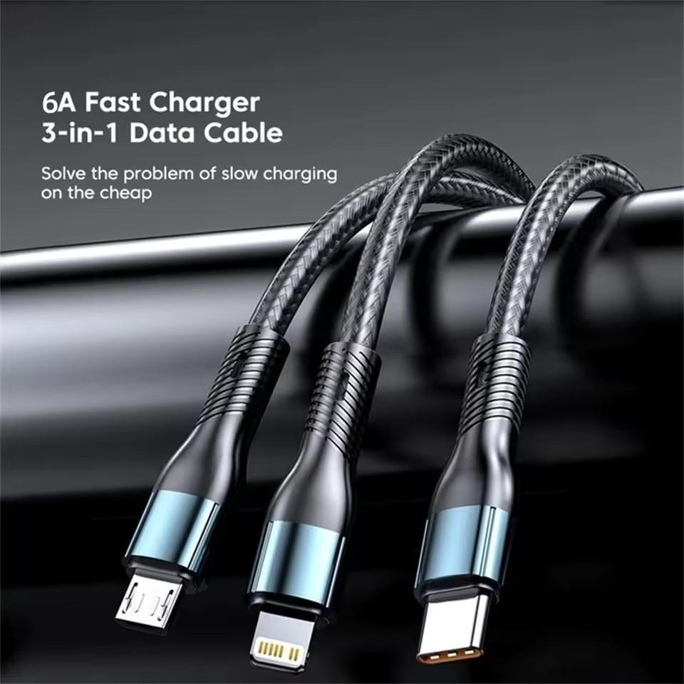 6A 120W 3 In 1 USB Type C Cable Fast Charge Phone Charger Data Cord For iPhone Samsung Xiaomi Huawei Quick Charge Micro USB Wire