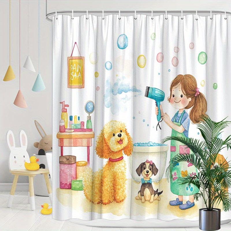 

Whimsical Shower Curtain Featuring A Girl Grooming A Yellow Poodle W60H190(CM)-1 Pcs