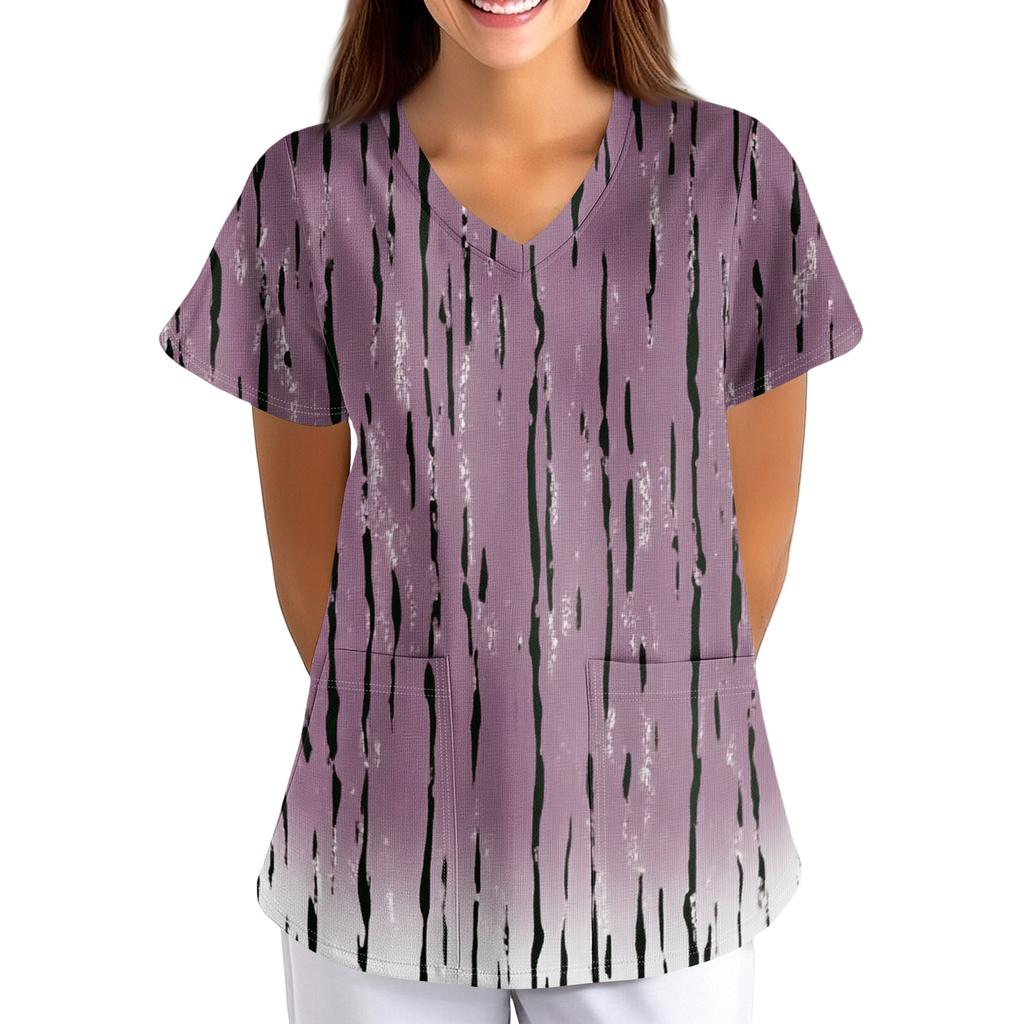 Loose Fit V Neck Short Sleeve Medical Scrub Top with Pockets for Nurses Caregivers Floral Print Comfortable Workwear