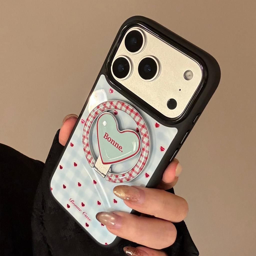 Niebieskie Kratkowane Etui na Telefon z Serduszkowym Stojakiem dla iPhone 16, iPhone 17, iPhone 17 Pro Max