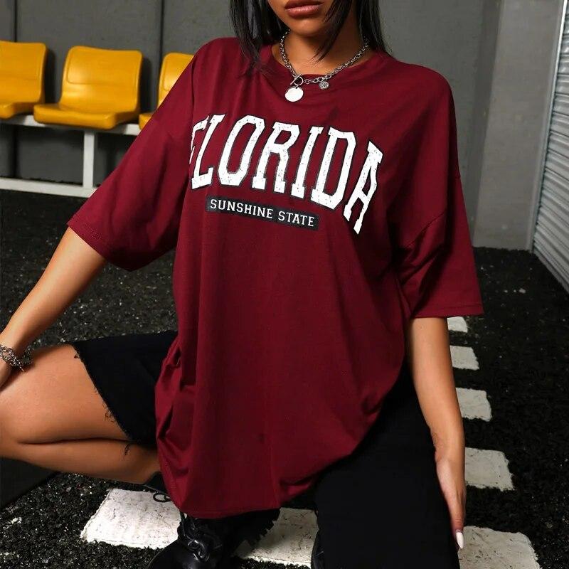 Módní potisk Florida Stát slunce Písmena Tištěná trička Dámské Street Hip Hop Krátký rukáv Běh Sport Volné Tričko