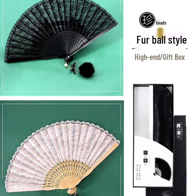 Classic Black Lace Cheongsam Folding Fan - Portable Chinese Style Summer Dance Fan for Ladies