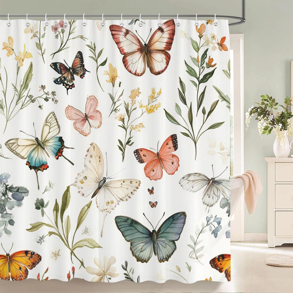 Watercolor Flowers, Leaves And Butterflies Shower Curtain Floral Printed Bathroom Bath Curtain Home Decor Curtain With Hooks
