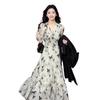 Floral Ruffled Dress for Women Autumn New Style French V-Neck Ink Wash Long Sleeve Slimming Dress
