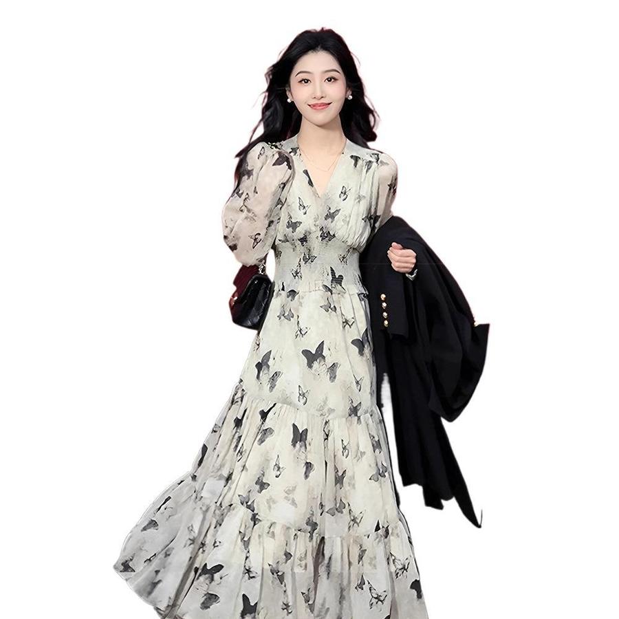 Floral Ruffled Dress for Women Autumn New Style French V-Neck Ink Wash Long Sleeve Slimming Dress