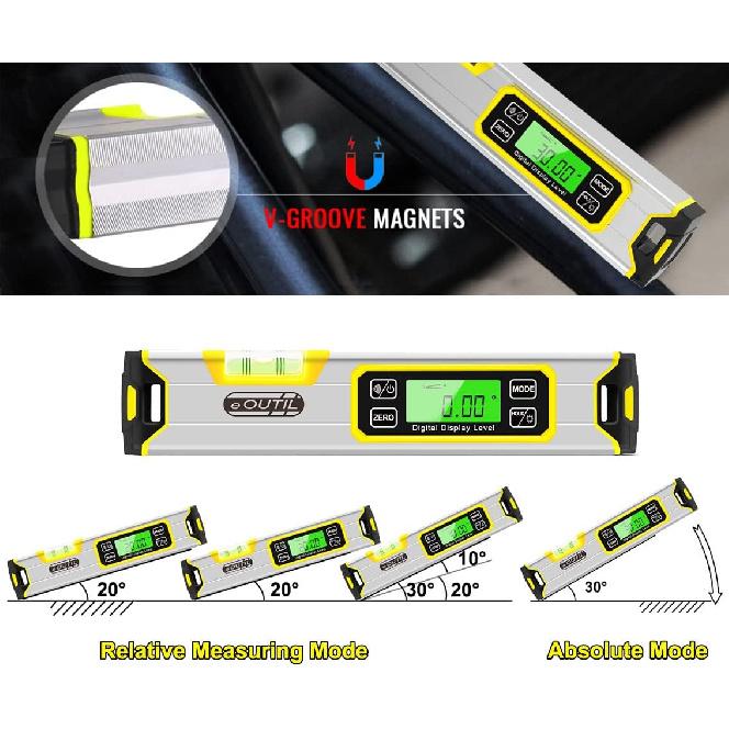 12-Inch Digital Torpedo Level and Protractor Aluminum Inclinometer Angle Finder with Backlight LED Display & V-Groove Magnetic Base, IP54 Dust/Water