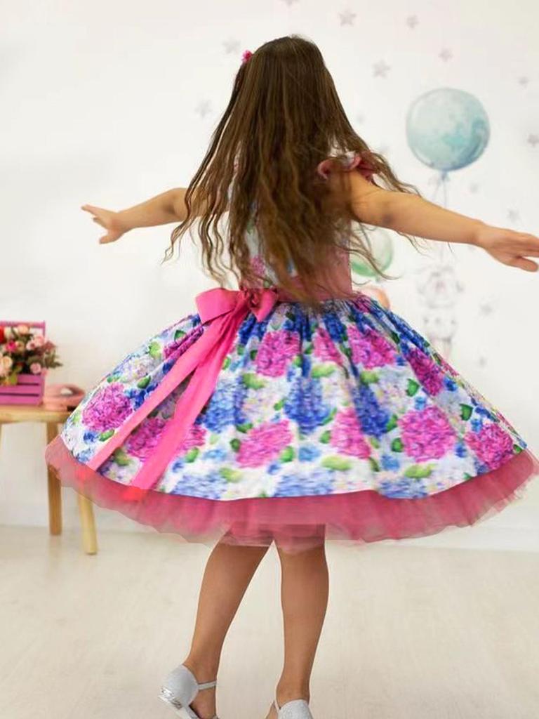 Girl's Holiday Formal Dress with Bowknot Headdress, Printed Christmas Baby Dress