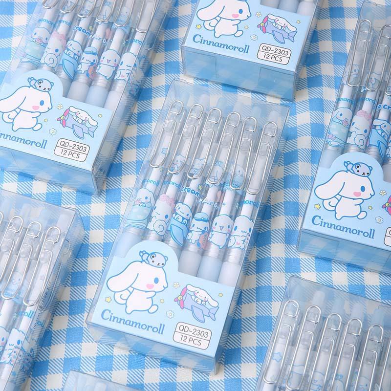 12Pcs 0.5mm Sanrio Cinnamoroll Box Press Pen Metal Pen Clip Press Neutral Pen Signature Pen High-value Student Stationery Back To School Season