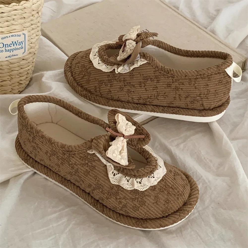 Retro Lace Bow Cotton Slippers Female Fashion Summer Thin Models Home Comfort Girls Package with Cotton Shoes