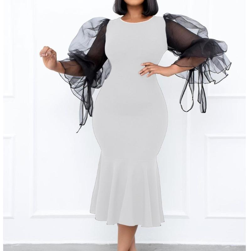 Mesh splicing fishtail dress dress fashionable large size hip wrap dress