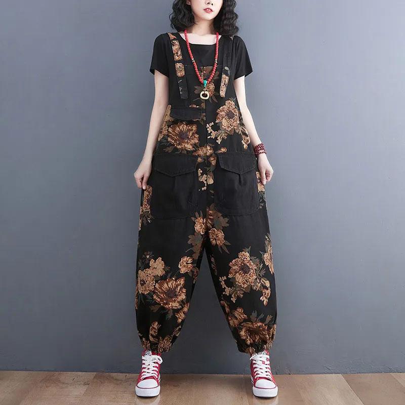 Women's Nine Split Jeans Overalls Casual Female Print Jumpsuit Loose Bloomers Oversized Rompers Suspenders Fashion
