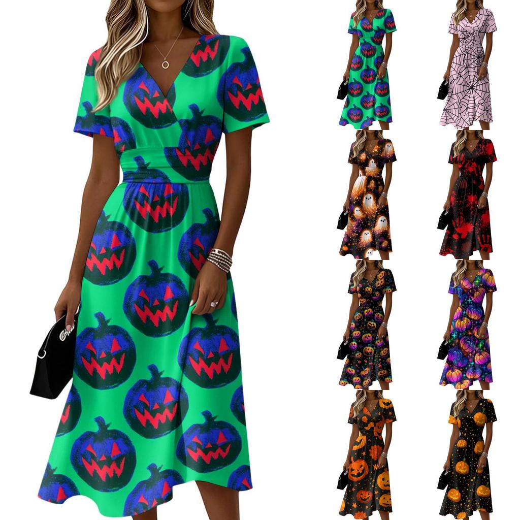 Women's V-Neck Short Sleeve Halloween Print Casual Dress for Halloween Party