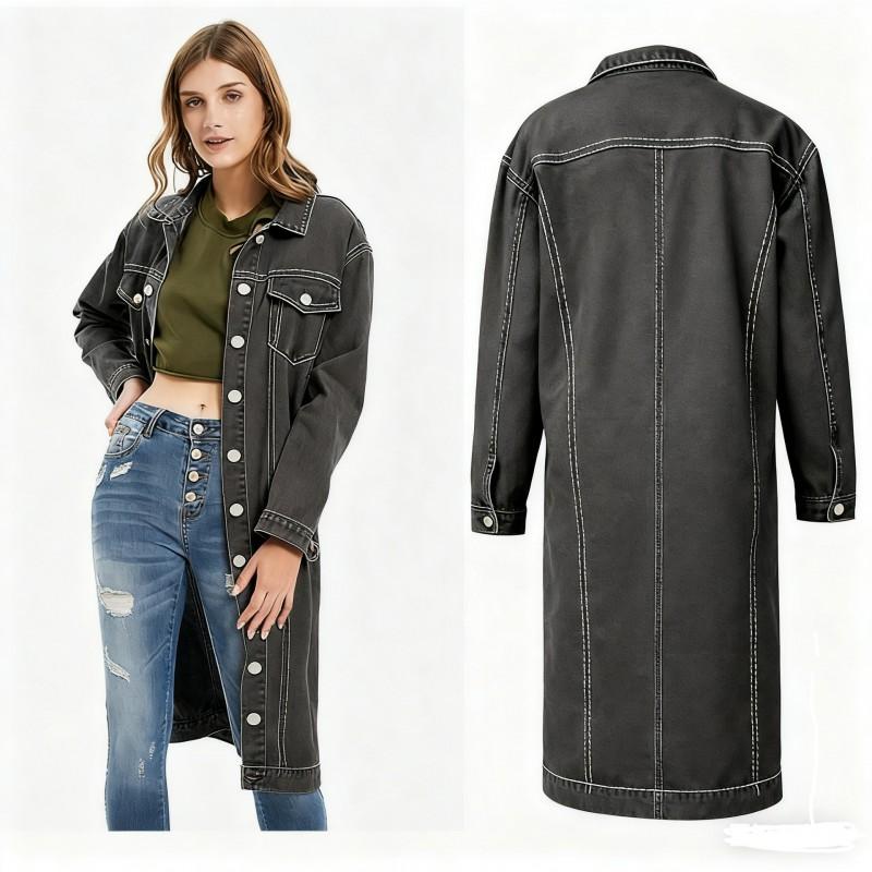Giacca Lunga in Denim da Donna Slim Fit Lavata Stile Vintage Streetwear Cappotto Oversize