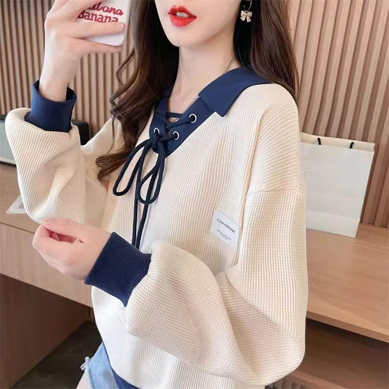 Spring Summer Contrast Lacing Loose T-Shirts Polo Neck Long Sleeve Patchwork Tops Tees Casual Women Clothing