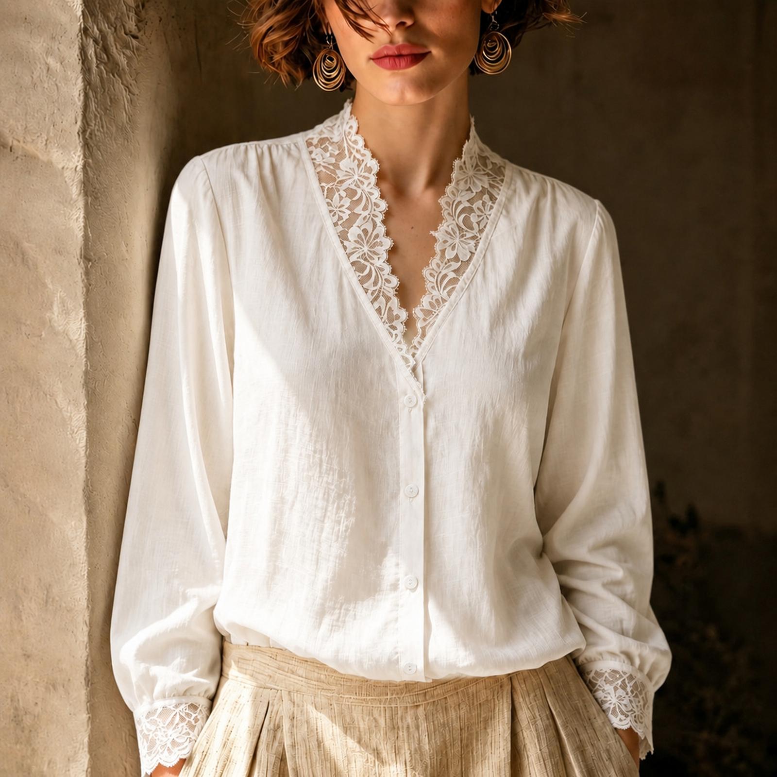 Women s V-Neck Long Sleeve Lace Trim Blouse for Work S
