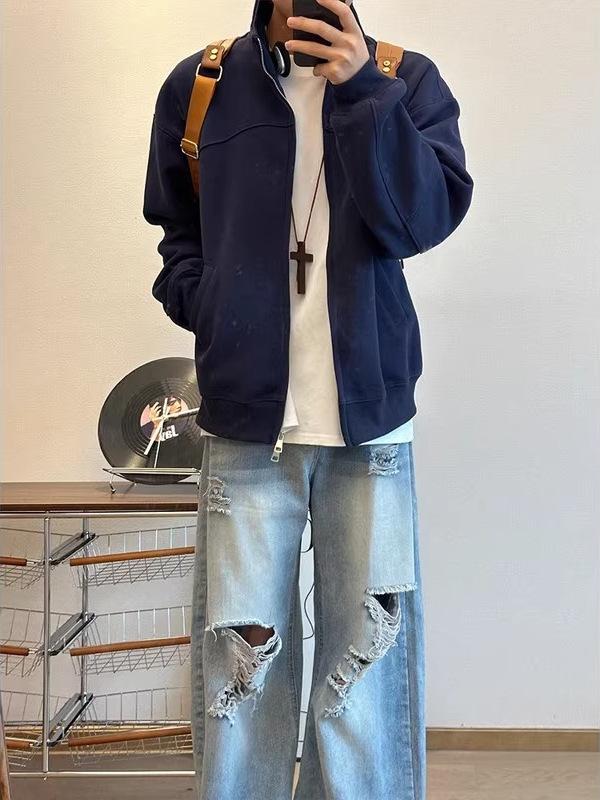 Men's Retro Heavyweight Double-Zip Cross-Collar Hoodie Jacket